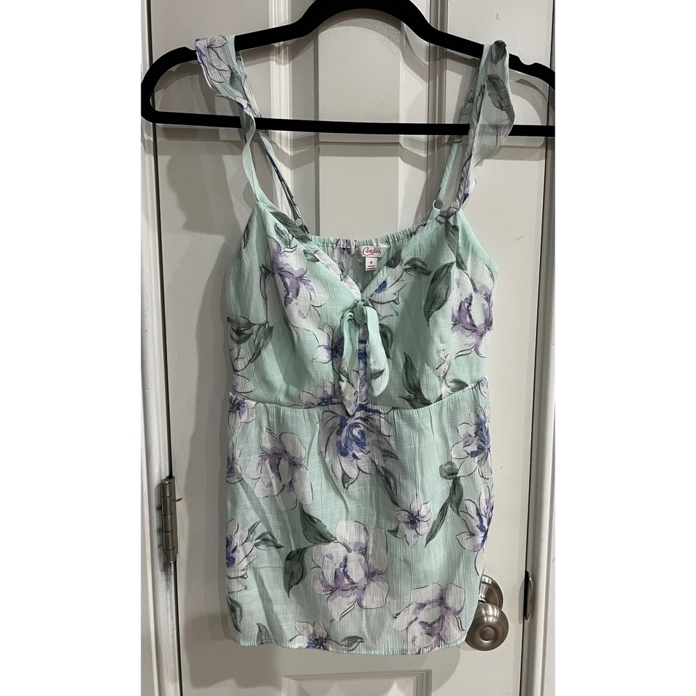 Candies Floral Tie Front Cami Top Mint Green Ruffle Strap Smocked Back Medium